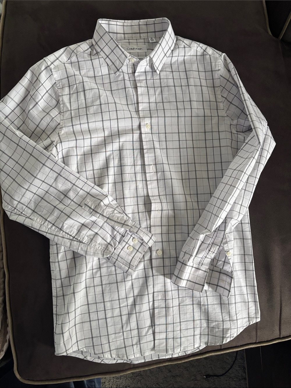 Boys Calvin Klein White Button-Down Shirt with Gray Windowpane Check